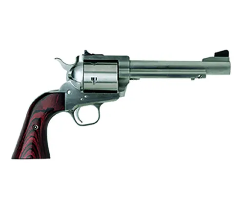 A Freedom Arms Model 83 revolver with a stainless steel finish and wooden grip.