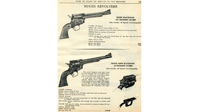 Vintage advertisement page for Ruger revolvers featuring the Ruger Super Blackhawk .44.