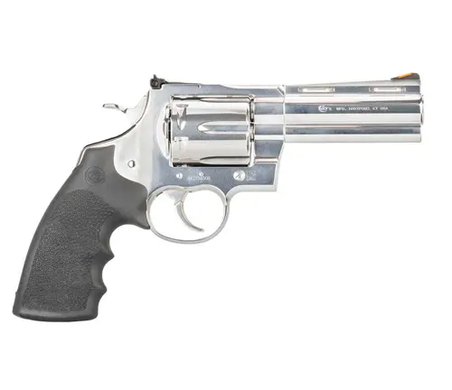 Stainless steel Colt Anaconda .44 Magnum revolver with black rubber grips.