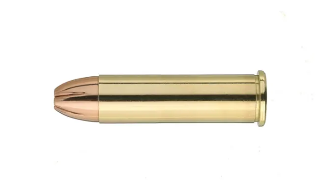 A single .357 Magnum round with a brass case and copper bullet, suitable for a Ruger GP100 revolver.