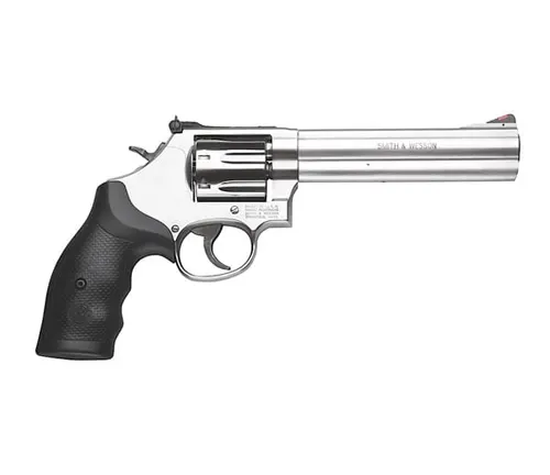 Smith & Wesson 686 revolver with a stainless steel finish and black synthetic grip on a white background.