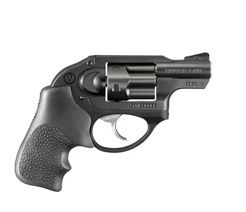 A Ruger LCR revolver with a matte black finish and textured grip, isolated on a white background.