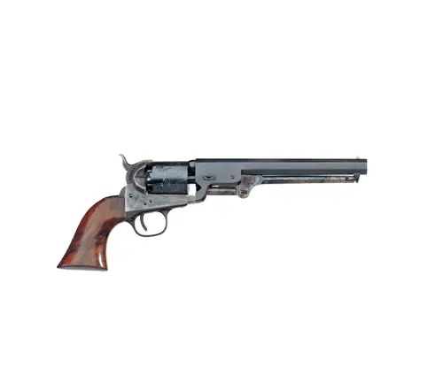 Uberti 1851 Navy revolver with a long barrel and wood grain grip, isolated on a white background.