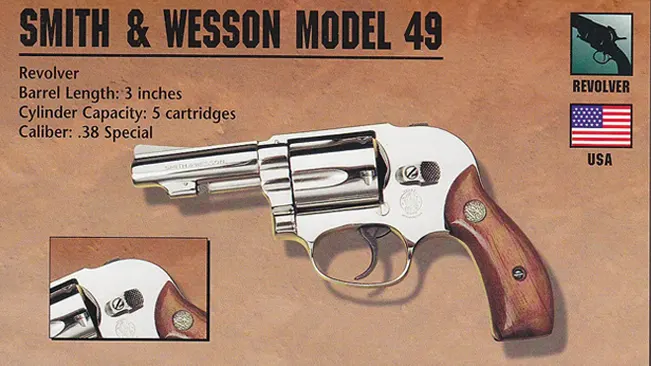 Advertisement for Smith & Wesson Model 49 revolver, highlighting its barrel length, cylinder capacity, and .38 Special caliber.
