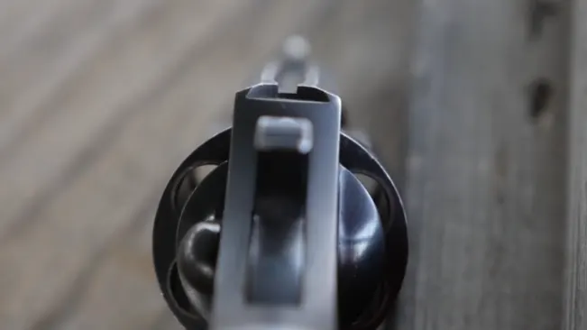 Aiming down the sight of a Colt Detective Special revolver with a focus on the grooved rear sight.