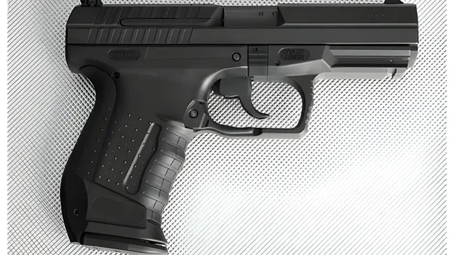 Close-up of a Walther P99 handgun against a textured background