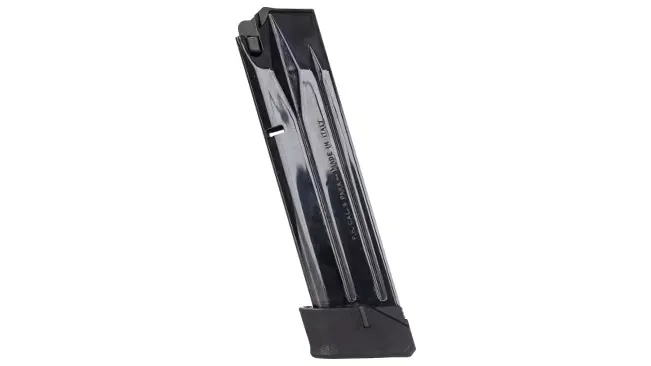 A Beretta PX4 Storm subcompact magazine standing upright, with visible ammunition capacity indicators.