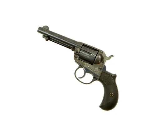Colt 1877 Thunderer revolver with black grips on a white background.