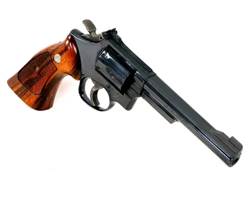 Smith & Wesson Model 19 revolver with a blued steel finish and wooden grip."