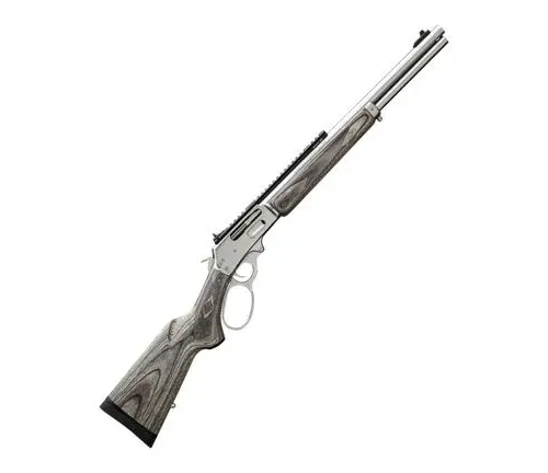 Marlin 1895 lever-action rifle with stainless steel barrel and laminated wood stock, isolated on a white background.