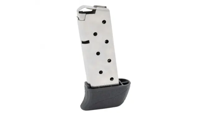 Stainless steel magazine for a Kimber Micro 9 pistol with a black base pad, isolated on a white background.