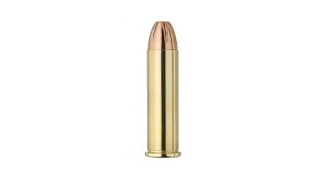 A single .357 Magnum cartridge with a brass casing and copper bullet, typically used in revolvers like the S&W J-Frame 340 PD.