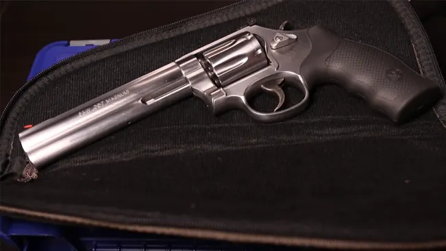 Smith & Wesson 686 revolver with a long barrel and red front sight, resting inside a soft gun case.
