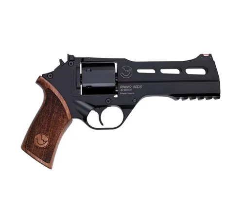 Chiappa Rhino 50DS revolver with black finish and wooden grip.