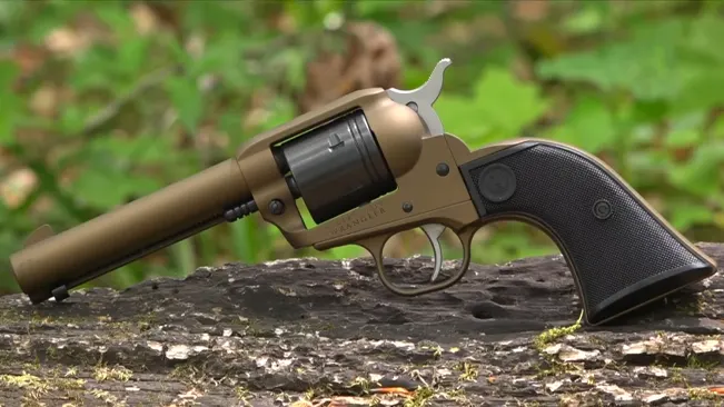 Ruger Wrangler 22LR revolver resting on a log, with a bronze-colored frame and black grip.