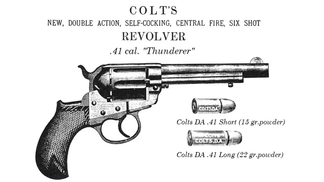 Vintage advertisement for Colt's .41 cal. "Thunderer" double-action revolver with illustrations of the gun and cartridges.