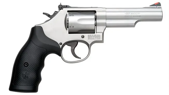 Smith & Wesson Model 19 revolver with stainless steel finish and black synthetic grip.