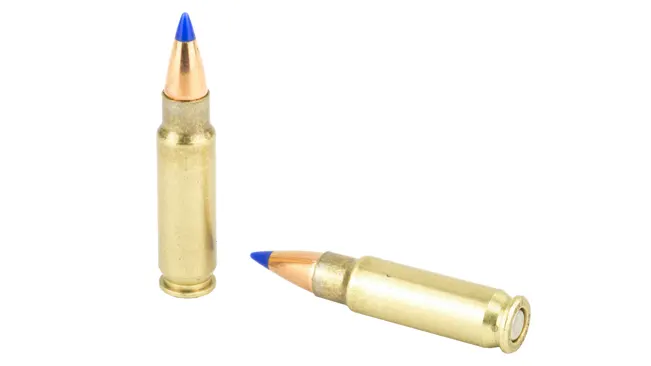 Two 5.7x28mm cartridges with blue-tipped bullets, commonly used in the FN Five-SeveN pistol.