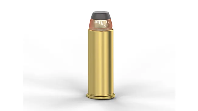3D rendered image of a .44 Magnum cartridge, typically used in a Colt Anaconda, on a white background.