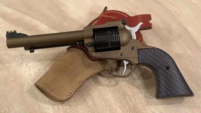 Ruger Wrangler 22LR revolver with optical sight on a holster.