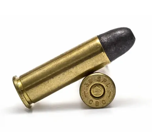 A .38 Special round with a lead bullet and brass casing, possibly compatible with an Uberti 1851 Navy revolver using a conversion cylinder.