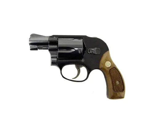 Replica of a S&W Model 49 Bodyguard revolver with wooden grip.