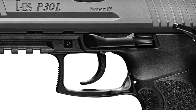 Partial side view of an HK P30L handgun focusing on the trigger system and slide with the model name visible