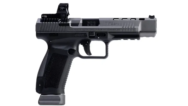 Side view of a Canik TP9SFX pistol with mounted reflex sight on a white background