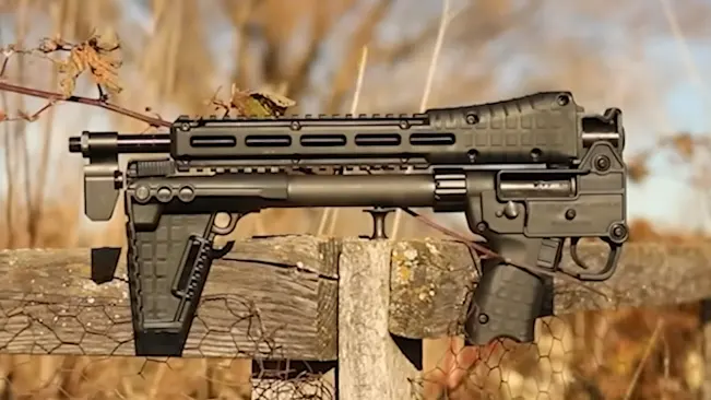 Kel-Tec SUB-2000 rifle resting on a wooden fence with a natural