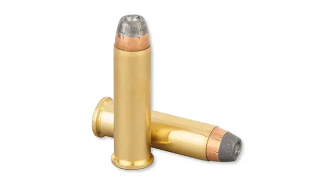 Two .357 Magnum cartridges, with one standing upright and the other lying on its side, against a white background.
