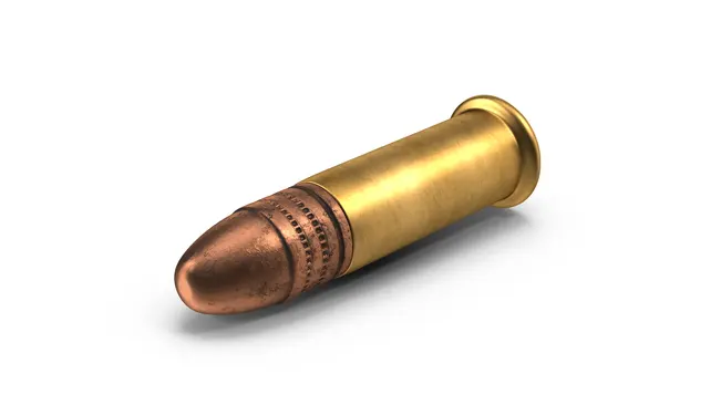 22LR caliber bullet with a copper jacket and brass casing, isolated on a white background.