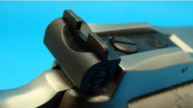 Detailed view of the Ruger Bearcat .22 revolver's rear sight and hammer.
