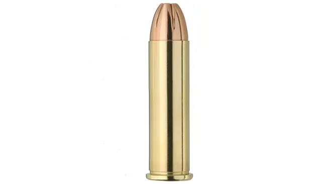 A single brass-colored cartridge, likely .357 Magnum ammunition, used for a Smith & Wesson Model 19."