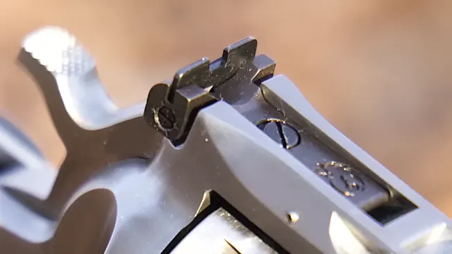 Macro view of the rear sight on a Ruger Super Redhawk revolver.