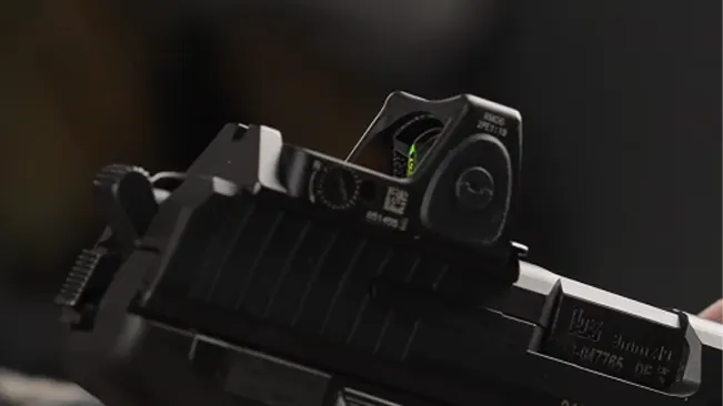 Close-up of the rear sight mounted on an HK P30L handgun
