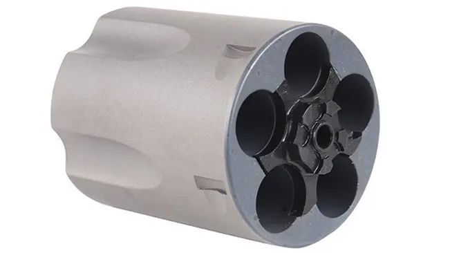 Front view of the cylinder of a Smith & Wesson M637 revolver showing empty chambers.