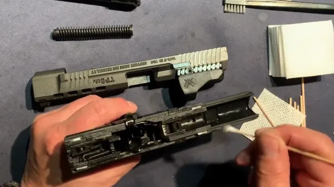 Disassembled Canik TP9SFX handgun being cleaned, with parts laid out on a dark surface