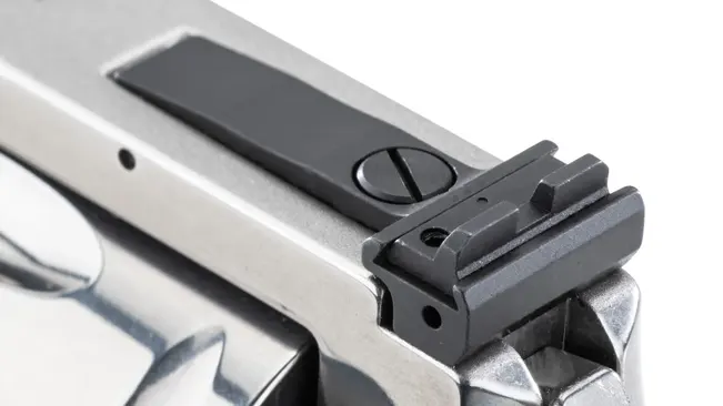 Close-up of the rear sight on a Colt Anaconda .44 Magnum revolver, showcasing the adjustable sight mechanism.