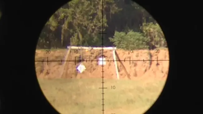View through a rifle scope reticle focused on a distant target at a shooting range