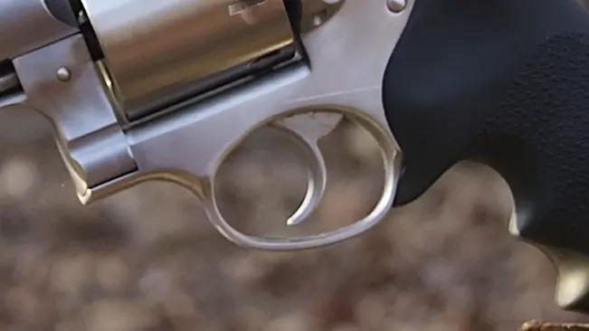 Detailed view of the trigger and guard of a Ruger Super Redhawk revolver.