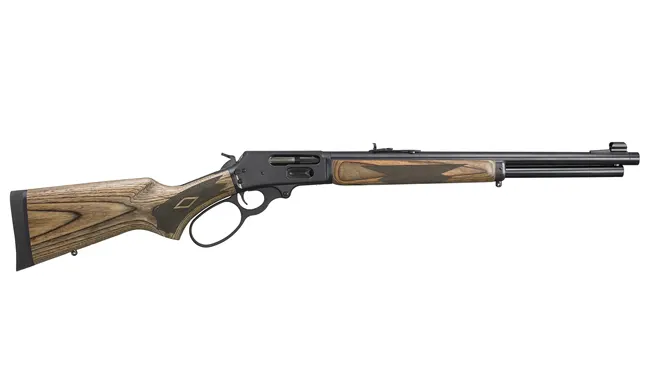 Marlin 1895 lever-action rifle with a blued finish and wooden stock, isolated on a white background.