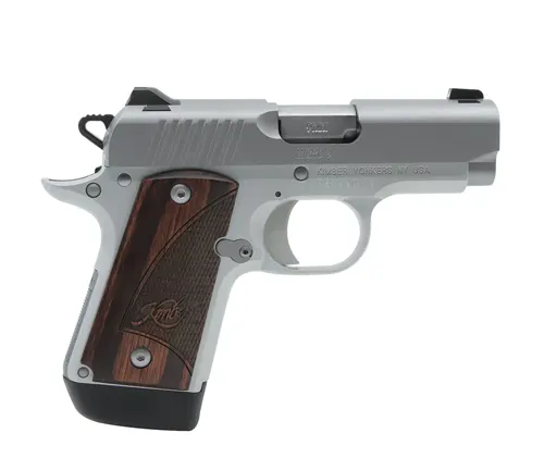 Kimber Micro 9 semi-automatic pistol with two-tone finish and wooden grip panels, isolated on a white background.