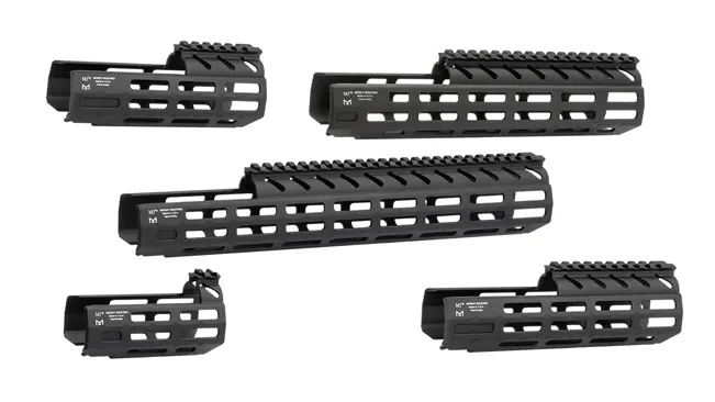 Five black rifle handguards of various lengths and designs are displayed against a white background.