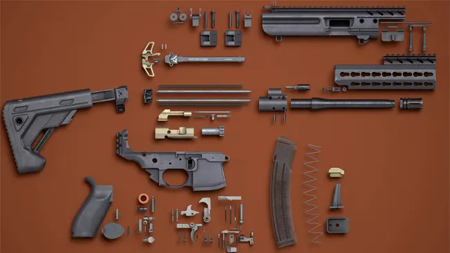 An overhead view of a disassembled SIG Sauer MPX rifle, with all its components neatly arranged on a brown background.