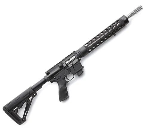 Black semi-automatic rifle with a long barrel, ventilated handguard, and adjustable stock.