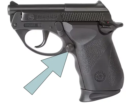 Image of Taurus PT-22 with an arrow pointing to the Magazine release button