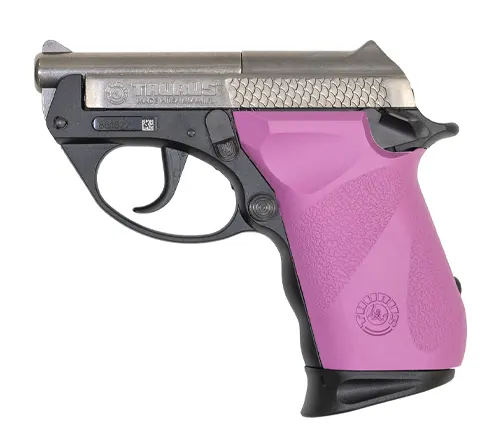 Taurus PT-22 pistol with a pink grip and stainless steel slide, profile view.