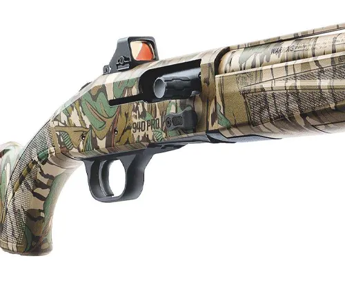Mossberg 940 Pro Turkey shotgun with camouflage pattern and orange fiber optic sight.