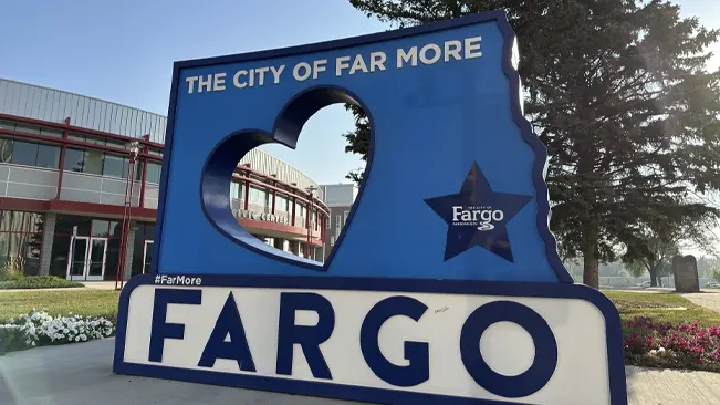 A sign outside of Fargo City Hall in Fargo, N.D.