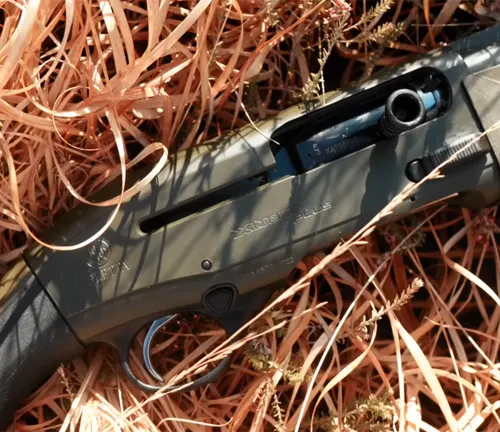Semi-automatic pistol lying on dry pine needles.